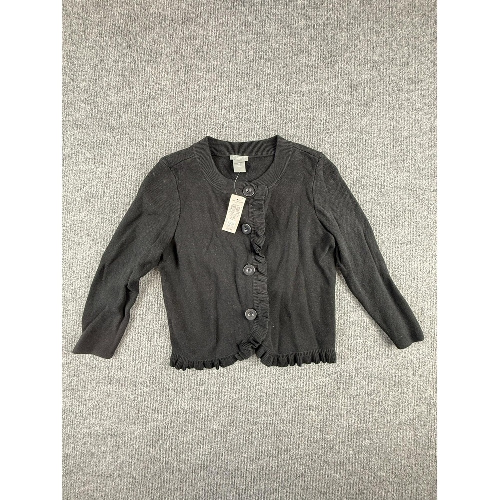 Ann Taylor Cardigan Sweater Womens Petite SP Black‎ Ruffle Button Front Knit